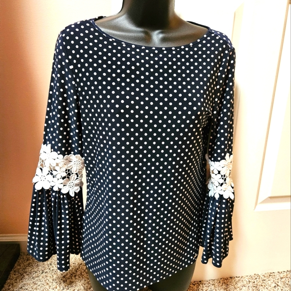 Tommy Hilfiger Polka Dot Long Sleeve Top with Lace Accents